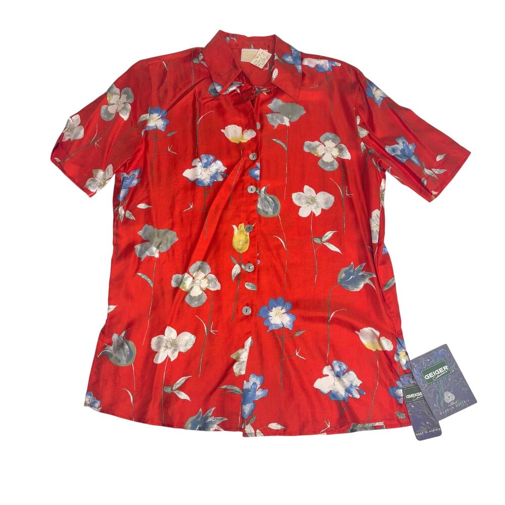 Geiger Vintage Deadstock Floral Silk Short Sleeve Button Down Shirt Red 34
